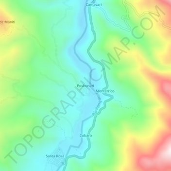 Mappa topografica Poshonari, altitudine, rilievo