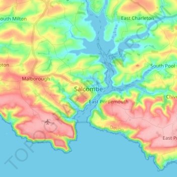 Mappa topografica Salcombe, altitudine, rilievo