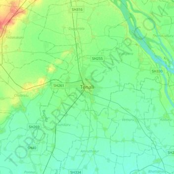 Mappa topografica Tenali, altitudine, rilievo