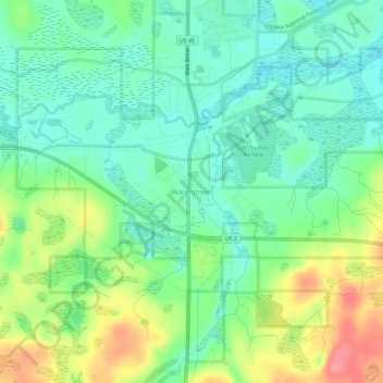 Mappa topografica Watersmeet, altitudine, rilievo