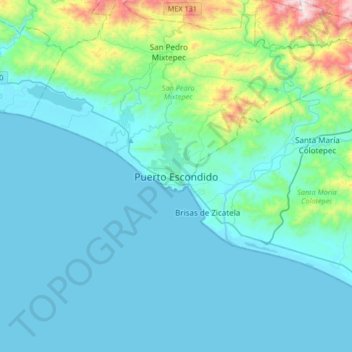 Mappa topografica Puerto Escondido, altitudine, rilievo