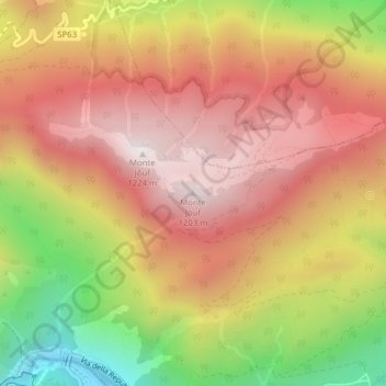Mappa topografica Monte Jouf, altitudine, rilievo