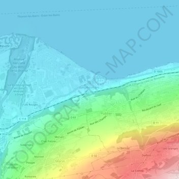 Mappa topografica Amphion-les-Bains, altitudine, rilievo