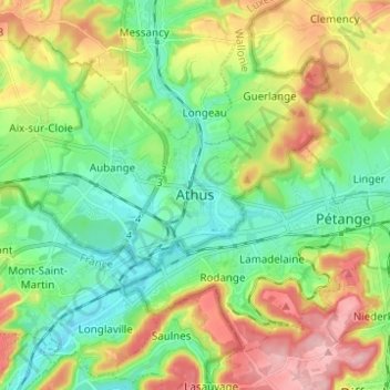 Mappa topografica Athus, altitudine, rilievo