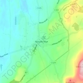 Mappa topografica Mayobridge, altitudine, rilievo