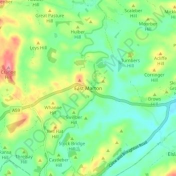 Mappa topografica East Marton, altitudine, rilievo