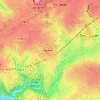 Mappa topografica Ayeneux, altitudine, rilievo