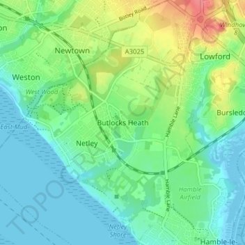 Mappa topografica Butlocks Heath, altitudine, rilievo