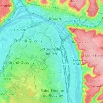 Mappa topografica Sotteville-lès-Rouen, altitudine, rilievo
