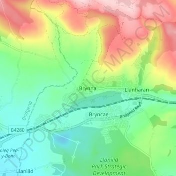 Mappa topografica Brynna, altitudine, rilievo