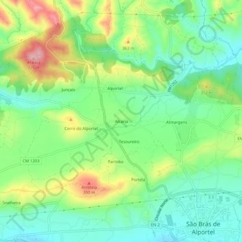 Mappa topografica Alcaria, altitudine, rilievo