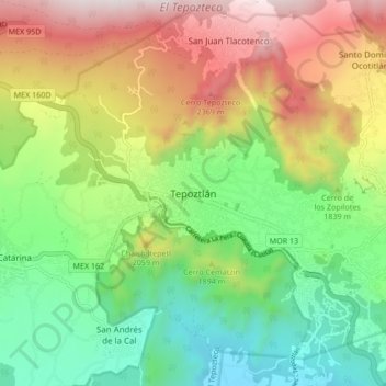 Mappa topografica Tepoztlán, altitudine, rilievo