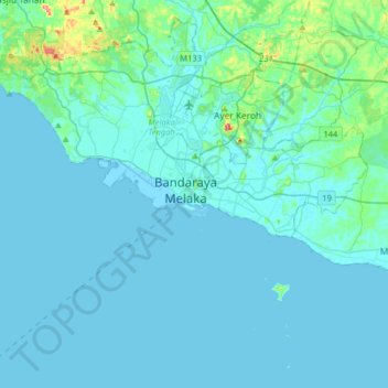 Mappa topografica Malacca City, altitudine, rilievo
