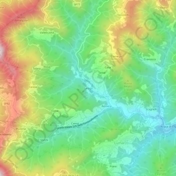 Mappa topografica Carega, altitudine, rilievo