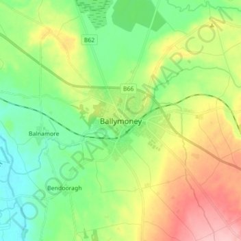 Mappa topografica Ballymoney, altitudine, rilievo