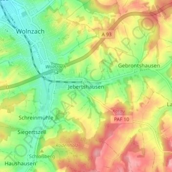 Mappa topografica Jebertshausen, altitudine, rilievo