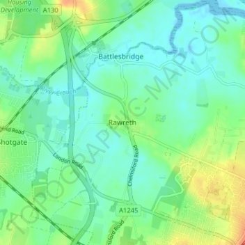 Mappa topografica Rawreth, altitudine, rilievo