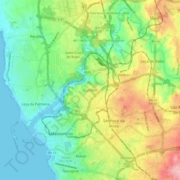 Mappa topografica Guifões, altitudine, rilievo