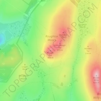Mappa topografica Rough Tor, altitudine, rilievo