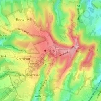 Mappa topografica Hindhead, altitudine, rilievo