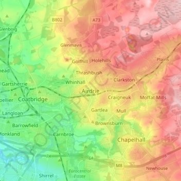 Mappa topografica Airdrie, altitudine, rilievo