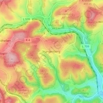Mappa topografica Hardenberg, altitudine, rilievo