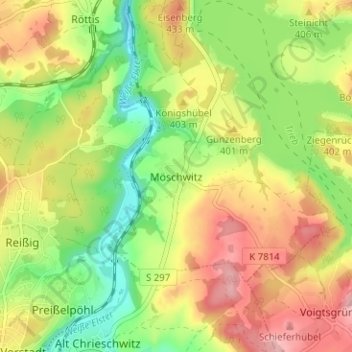 Mappa topografica Möschwitz, altitudine, rilievo