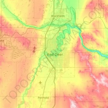 Mappa topografica Red Deer, altitudine, rilievo