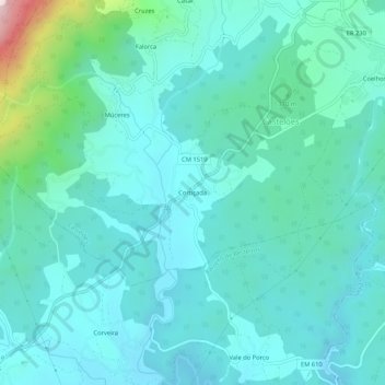 Mappa topografica Cortiçada, altitudine, rilievo