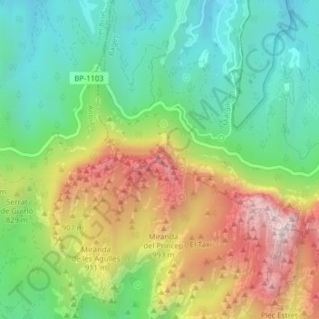 Mappa topografica Coll del Lloro, altitudine, rilievo