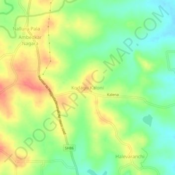 Mappa topografica Kodagu Kaloni, altitudine, rilievo