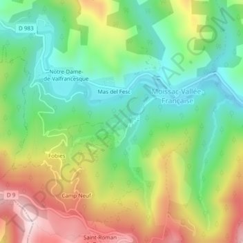 Mappa topografica Moissac, altitudine, rilievo