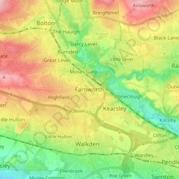 Mappa topografica Farnworth, altitudine, rilievo