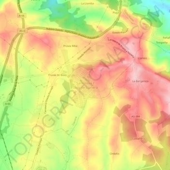 Mappa topografica Soto de Llanera, altitudine, rilievo