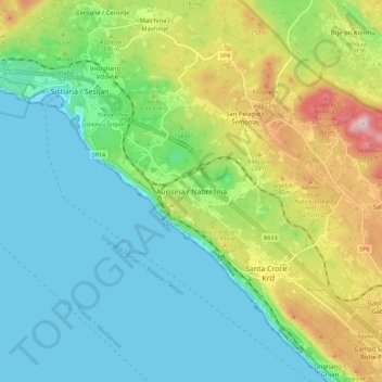Mappa topografica Aurisina, altitudine, rilievo