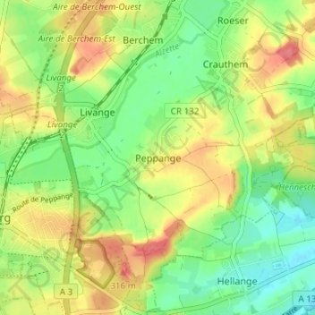 Mappa topografica Peppange, altitudine, rilievo