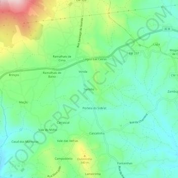 Mappa topografica Serôdio, altitudine, rilievo