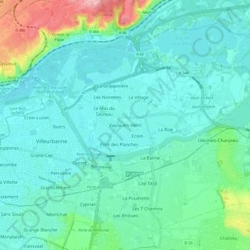 Mappa topografica Vaulx-en-Velin, altitudine, rilievo