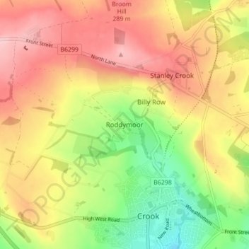 Mappa topografica Roddymoor, altitudine, rilievo