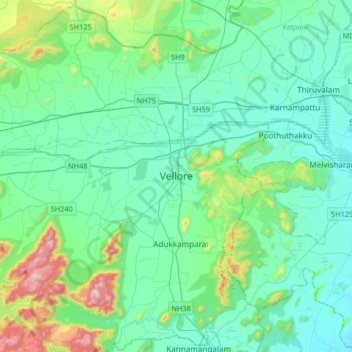 Mappa topografica Vellore, altitudine, rilievo