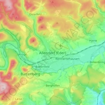 Mappa topografica Allendorf (Eder), altitudine, rilievo