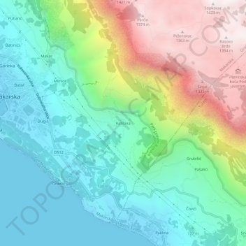 Mappa topografica Kotišina, altitudine, rilievo