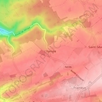 Mappa topografica Yernée, altitudine, rilievo
