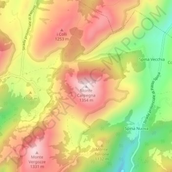 Mappa topografica Monte Carpegna, altitudine, rilievo