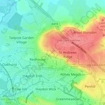 Mappa topografica Blunsdon St Andrew, altitudine, rilievo
