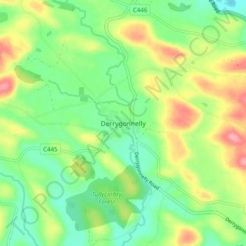 Mappa topografica Derrygonnelly, altitudine, rilievo