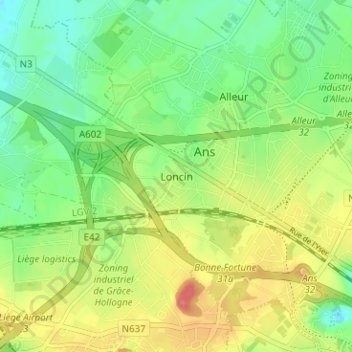 Mappa topografica Loncin, altitudine, rilievo