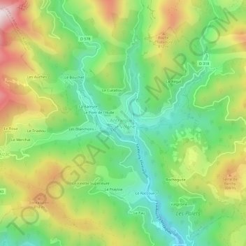 Mappa topografica Antraigues-sur-Volane, altitudine, rilievo