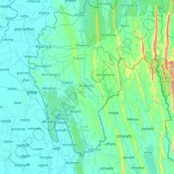 Mappa topografica South Tripura, altitudine, rilievo