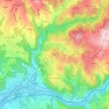 Mappa topografica Le Mas, altitudine, rilievo